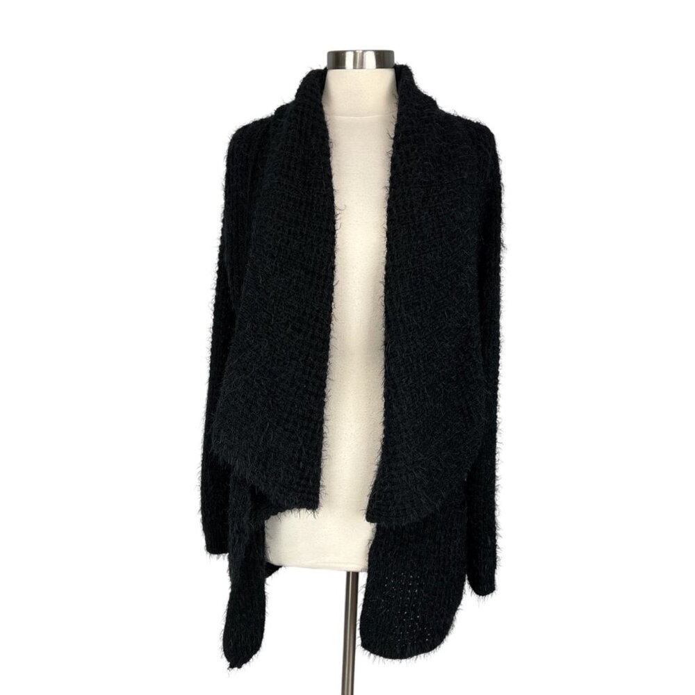 Elon Womens Black Fuzzy Knit Cardigan Sweater Oversized Drape Front size Medium
